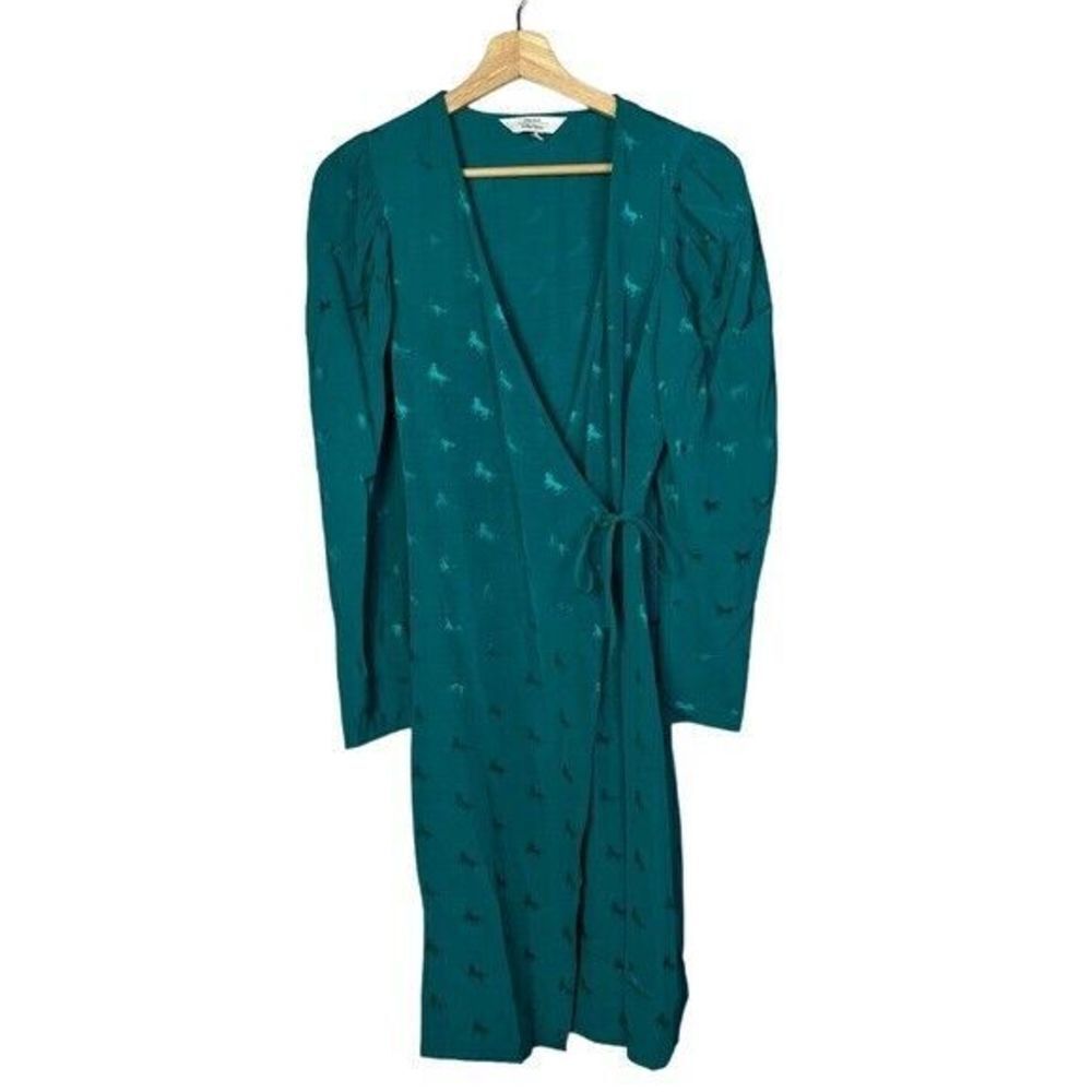 & Other Stories Teal Blue Horse Jacquard Wrap Midi Dress 4